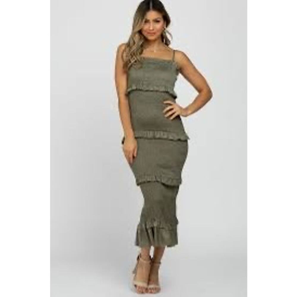 Olive Green Smocked Ruffle Satin Midi Dress Maternity Tiered Cottagecore Size S